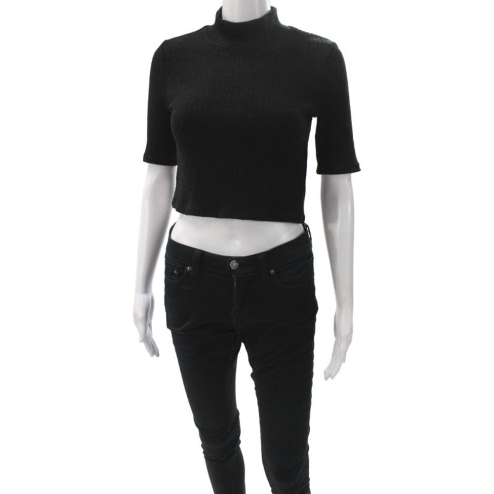 Zara Women Black Cropped Mock Neck Short Sleeve T-Shirt Size S